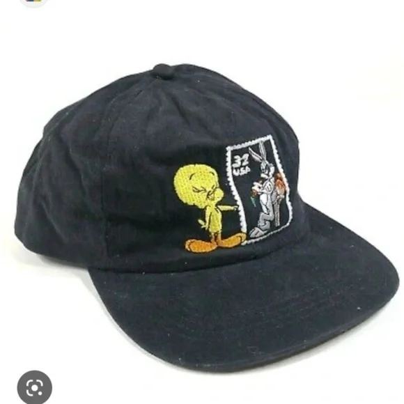 New Vintage Looney Tunes Stamp Collection Tweety Bird Bugs Bunny Cap Black - Picture 3 of 6